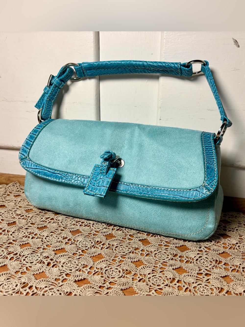 Vintage Y2K Turquoise Faux Suede and Crocodile Baguette Shoulder Bag